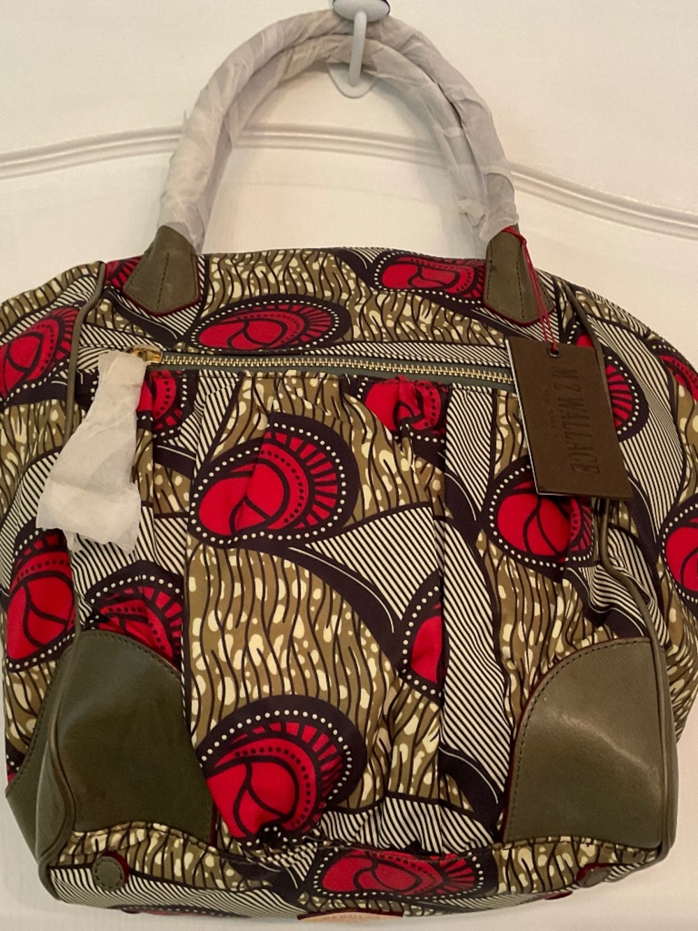 MZ Wallace Tropical UNIQUE Print Army Green/Red Leather Handles Purse *NWT*